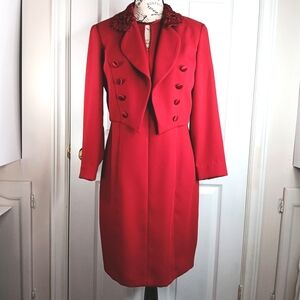 Petite Sophisticate Formal Midi Dress With Long Sleeve Bolero Jacket Red Size 8